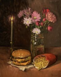  artist_name big_mac bread bread_bun burger candle cheese english_commentary fast_food fire flower food food_focus french_fries highres jar mcdonald&#039;s meat napkin noah_verrier oil_painting_(medium) original painting_(medium) pink_flower still_life traditional_media vase water 