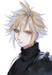  1boy armor blonde_hair blue_eyes closed_mouth cloud_strife earrings final_fantasy final_fantasy_vii final_fantasy_vii_remake hair_between_eyes highres honeypinq jewelry looking_at_viewer male_focus portrait short_hair shoulder_armor single_bare_shoulder single_earring sleeveless sleeveless_turtleneck solo spiky_hair turtleneck upper_body white_background 