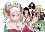  1girl 3boys afro alternate_costume black_hair blonde_hair brook_(one_piece) closed_mouth dress earrings flower hair_flower hair_ornament hat horns japanese_clothes jewelry lipstick long_hair makeup momonosuke_(one_piece) multicolored_hair multiple_boys official_alternate_costume oiran one_piece oni oni_horns open_mouth sanji_(one_piece) short_hair signature smile top_hat yamato_(one_piece) 