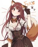  1girl absurdres animal_ears black_gloves blush breasts brown_dress brown_eyes brown_hair closed_mouth detached_collar dot_nose dress fake_animal_ears fake_tail footprints fox fox_tail fur-trimmed_gloves fur_trim gloves hairband hano9789 highres idolmaster idolmaster_million_live! idolmaster_million_live!_theater_days long_hair medium_breasts neck_ribbon ribbon short_sleeves simple_background solo tail tanaka_kotoha text_background white_background 