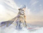  1boy armor cape clouds cloudy_sky cofffee cowboy_shot facing_to_the_side final_fantasy final_fantasy_xii gauntlets gold_trim grey_eyes grey_hair holding holding_sword holding_weapon light_smile looking_at_viewer male_focus plate_armor rasler_heios_nabradia short_hair shoulder_armor sky solo sword weapon white_cape 
