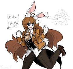  1girl absurdres ahoge alternate_costume animal_ears ascot black_pants black_vest blue_eyes brown_hair brown_jacket brown_shoes collared_shirt cosplay el_elluci gloves hair_ornament hairclip highres hod_(project_moon) holding holding_pocket_watch jacket library_of_ruina long_hair long_sleeves looking_at_object open_mouth pants pocket_watch project_moon rabbit_ears rabbit_girl rabbit_tail shirt shoes simple_background solo standing tail upper_body vest watch white_background white_gloves white_rabbit_(alice_in_wonderland) white_rabbit_(alice_in_wonderland)_(cosplay) white_shirt yellow_ascot 
