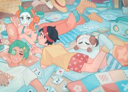  1girl 1other 2boys ace_(playing_card) ace_of_hearts ace_of_spades alarm_clock alternate_costume bare_shoulders black_hair blue_tank_top book card clock english_commentary foot_up going_merry green_hair hair_ornament hairclip hat headband heart highres looking_at_another lying makeup mirror monkey_d._luffy multiple_boys nail_polish nami_(one_piece) on_back on_stomach one_piece open_mouth orange_hair pajamas pants pink_pants playing_card radio red_headband red_shorts roronoa_zoro ryuuseikkun shirt shorts shoulder_tattoo sleeping sleepover socks spade_(shape) straw_hat straw_hat_pirates tank_top tattoo unworn_hat unworn_headwear white_shirt yellow_shirt 