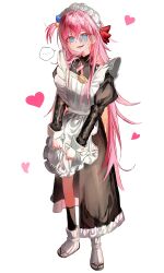  1girl @_@ absurdres apron blue_eyes blush bocchi_the_rock! cube_hair_ornament full_body gotoh_hitori hair_between_eyes hair_ornament highres long_hair long_sleeves looking_at_viewer maid maid_apron maid_headdress oka_(prozetxxxxx) open_mouth pink_hair simple_background solo white_background 