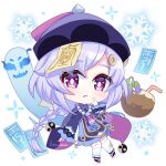  1girl braid cape chibi chinese_clothes coconut coin_hair_ornament commentary genshin_impact hair_between_eyes hair_ornament hat jiangshi kitsuneco long_hair long_sleeves looking_at_viewer low_ponytail ofuda parted_lips purple_hair qing_guanmao qiqi_(genshin_impact) sidelocks simple_background single_braid solo thigh-highs violet_eyes white_thighhighs wide_sleeves yin_yang zettai_ryouiki 
