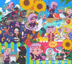  &gt;_&lt; 6+boys anger_vein baby_face_(stand) beach_boy_(stand) blonde_hair blue_hair commentary_request earrings fireworks fish flower food formaggio ghiaccio glasses grabbing_another&#039;s_ear green_eyes green_hair grey_hair hand_on_another&#039;s_ear hawaiian_shirt head_bump illuso innertube jewelry jojo_no_kimyou_na_bouken male_focus mask melone moisukii motor_vehicle motorcycle multiple_boys multiple_views open_clothes open_shirt palm_tree pants paperwork pesci prosciutto_(jojo) purple_hair riding risotto_nero shaved_ice shirt short_hair sparkler stand_(jojo) striped_clothes striped_pants summer sunflower sweatdrop swim_ring tears tree vento_aureo white_album_(stand) 