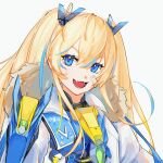  1girl :d armor armored_bodysuit artist_name bandaid bandaid_on_cheek bandaid_on_face blonde_hair blue_eyes breastplate chinese_commentary coat dl_(lotus) fang fur_collar goddess_of_victory:_nikke headgear laplace_(nikke) long_hair looking_at_viewer open_mouth sidelocks simple_background smile solo twintails upper_body white_background white_coat 