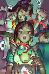  1boy 2girls :o absurdres ace_attorney alt_text artist_name black_hair blue_hat bow brown_eyes card cup hair_bow handsometimr hat hat_feather highres holding holding_cup jewelry magatama magatama_necklace maya_fey multiple_girls necklace parted_bangs phoenix_wright playing_card pouring purple_bow short_hair short_sleeves sidelocks smile tea teacup teapot trucy_wright 