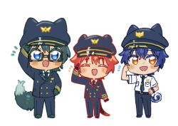  3boys animal_ears asanaka_yomogi black_hair black_necktie black_pants blue_eyes blue_hair blush closed_eyes collared_shirt glasses gridman_universe gridman_universe_(movie) hair_between_eyes hat hibiki_yuuta highres jacket long_sleeves looking_at_viewer multiple_boys necktie nikonishi official_alternate_costume open_mouth pants pilot pilot_uniform red_hair shirt short_hair short_sleeves smile tail utsumi_shou white_shirt yellow_eyes 