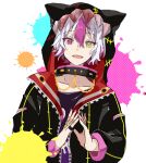  1boy animal_ears animal_hood anohitoha black_jacket blue_background fake_animal_ears green_eyes heterochromia highres hood hood_up jacket long_sleeves looking_at_viewer male_focus multicolored_background naruse_haru open_mouth orange_background pink_background pink_eyes pink_hair purple_shirt shirt short_hair smile solo toraware_no_yakata white_background white_hair yellow_background 