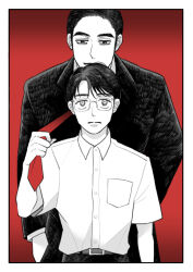  2boys age_difference arm_at_side bags_under_eyes behind_another belt belt_buckle border breast_pocket buckle clothes_grab collared_shirt cowboy_shot expressionless glasses greyscale_with_colored_background hair_slicked_back hand_in_pocket hand_up hatching_(texture) height_difference hunched_over jacket karaoke_iko! knito110 light_frown light_smile linear_hatching long_sleeves looking_at_another looking_up male_focus mature_eyes multiple_boys narita_kyouji necktie necktie_grab neckwear_grab oka_satomi parted_bangs pocket rectangular_eyewear red_background red_necktie school_uniform shirt shirt_tucked_in short_hair short_sleeves sideburns spot_color straight-on suit_jacket thick_eyebrows very_short_hair white_border wispy_bangs 
