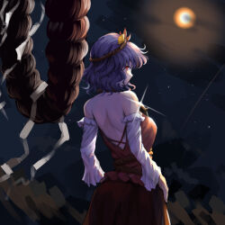  absurdres alternate_costume back detached_sleeves dress edz_drawz from_behind hair_ornament highres leaf_hair_ornament looking_back median_furrow onbashira red_dress red_eyes rope shimenawa shoulder_blades touhou yasaka_kanako 