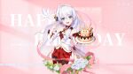  1girl 2023 animal bare_shoulders bird birthday_cake blue_eyes breasts cake character_name chinese_commentary dress english_text flower food fork fruit happy_birthday highres holding holding_cake holding_food holding_fork homu_(honkai_impact) honkai_(series) honkai_impact_3rd long_hair looking_at_viewer mandarin_orange official_art official_wallpaper plate small_breasts solo strawberry teeth theresa_apocalypse theresa_apocalypse_(celestial_hymn) upper_teeth_only white_flower white_hair white_headwear 