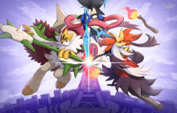  animal_ear_fluff animal_ears axe black_fur broom broom_riding cape chesnaught claws closed_mouth colored_skin commentary_request cover delphox fire fire_emblem fire_emblem:_three_houses floating floating_object forehead_protector fox fox_ears frog fur_cape furry gonzarez green_skin greninja highres holding holding_axe holding_shuriken holding_weapon long_tongue lumiose_city mega_chesnaught mega_delphox mega_greninja mega_pokemon multicolored_fur multicolored_skin ninja open_mouth parody pink_eyes pokemon pokemon_(creature) pokemon_focus pokemon_legends:_z-a prism_tower red_eyes red_fur red_nose scarf shuriken snout spikes tail tongue tongue_scarf two-tone_skin upside-down very_long_tongue video_game_cover water weapon white_beard white_fur white_skin yellow_claws yellow_fur 