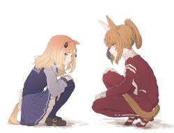  2girls animal_ears blonde_hair blue_eyes blue_hairband breasts brown_hair bukeo commentary_request ear_covers ear_ornament espoir_city_(umamusume) furioso_(umamusume) hair_between_eyes hair_ornament hairband highres horse_earrings horse_ears horse_girl horse_tail jacket long_hair long_sleeves looking_at_another multicolored_hair multiple_girls orange_hair pants pleated_skirt purple_sailor_collar purple_serafuku purple_shirt purple_skirt purple_thighhighs red_jacket red_pants red_track_suit sailor_collar school_uniform serafuku shirt shoes simple_background single_ear_cover skirt squatting tail tearing_up thigh-highs tracen_school_uniform tracen_training_uniform track_jacket track_pants track_suit umamusume white_background white_hair yellow_eyes 