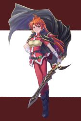  1girl bandeau black_boots black_cape black_headband boots brown_hair cape closed_mouth floating_hair full_body gloves hand_on_own_hip headband highres holding holding_sword holding_weapon jacket lina_inverse long_hair pants red_background red_eyes red_jacket red_pants reki_(reki13c) slayers smile solo standing sword two-tone_background very_long_hair weapon white_background white_gloves yellow_bandeau 