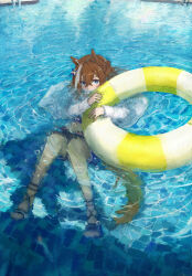  1girl animal_ears bikini bikini_skirt blue_bikini blue_eyes blue_sandals braid cheval_grand_(summer_calm_navy_drop)_(umamusume) cheval_grand_(umamusume) crossed_bangs hair_between_eyes half_up_braid highres horse_ears horse_girl horse_tail jacket long_hair open_clothes open_jacket partially_submerged pool sandals solo suke_omi swim_ring swimsuit tail umamusume white_jacket 