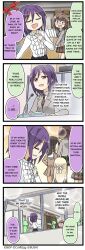 4koma 6+girls bang_dream! brown_necktie brown_skirt comic english_text glasses haneoka_school_uniform holding_box necktie official_art okusawa_misaki ponytail school_uniform seta_kaoru shirasagi_chisato speech_bubble translated winter_uniform yamato_maya