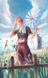  1boy animal_print artist_request bag bare_arms belt belt_buckle black_belt black_shirt blue_flower blue_sky brown_eyes buckle buttons card_(medium) chest_belt clouds collared_shirt cow cow_print day farmer fence field flower flower_field forest frilled_sleeves frills full_body game_cg grey_tank_top happy highres holding holding_jar jar jewelry leaf light_particles looking_at_viewer male_focus milk moo_ranch_(shining_nikki) nature necklace nikki_(series) official_art one_eye_closed orange_hair outdoors overalls parted_bangs parted_lips pink_flower red_flower red_overalls shining_nikki shirt short_hair short_sleeves sky smile solo tank_top tote_bag towel towel_around_neck v-neck white_bag windmill yeeso_(shining_nikki) 