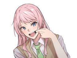  1girl absurdres bang_dream! bang_dream!_it&#039;s_mygo!!!!! blue_eyes blush brown_sweater_vest chihaya_anon collared_shirt commentary diagonal-striped_clothes diagonal-striped_necktie fang green_necktie haneoka_school_uniform highres kanade_(kanade_3344) long_hair looking_at_viewer mouth_pull necktie open_mouth pink_hair school_uniform shirt simple_background solo striped_clothes sweater_vest teeth translation_request upper_body white_background white_shirt 