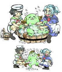  2girls :d bathing black_hair black_shoes blue_capelet blue_eyes blue_hair blush bottle bucket capelet clenched_teeth closed_eyes commentary_request dot_pupils green_eyes green_fur green_sailor_collar hat highres kasodani_kyouko kasodani_kyouko_(yamabiko) knees kumoi_ichirin morisshii_(morishiey) multiple_girls murasa_minamitsu neckerchief no_headwear open_mouth ponytail red_brooch red_neckerchief robe sailor_collar sailor_hat school_uniform serafuku shaking shirt shoes short_hair short_sleeves shorts smile soap_bubbles socks sound_effects surprised teeth touhou translation_request upper_teeth_only washing_another washtub water_drop white_background white_hat white_robe white_shirt white_shorts white_socks wooden_bucket 