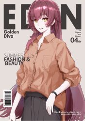  1girl alternate_costume barcode black_pants brown_hair character_name commentary cover earrings eden_(honkai_impact) english_commentary english_text fake_magazine_cover highres honkai_(series) honkai_impact_3rd jewelry kotobuki_aoi long_hair magazine_cover orange_shirt pants shirt smile solo very_long_hair watch watch yellow_eyes 