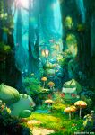  artist_name bulbasaur ekm forest grass hand_up looking_at_another looking_down looking_up mushroom nature no_humans on_ground open_mouth plant pokemon pokemon_(creature) red_eyes smile sunlight tree 