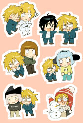  6+boys animal_ears animal_hat beanie blue_hair brown_hair cat_hat chibi clown commentary_request earflap_beanie facial_mark fake_animal_ears gakuran glasses hat highres holding holding_knife knife kohakohakohata luther_von_ivory multiple_boys nyen_(randal&#039;s_friends) nyon_(randal&#039;s_friends) orange_background pink_hair pom_pom_(clothes) pom_pom_beanie randal&#039;s_friends randal_ivory school_uniform sebastian_de_tomato_smith_chicken_legs shirt short_hair simple_background snowman tsukada_satoru whisker_markings white_shirt 