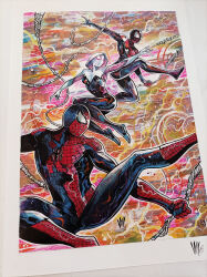  1girl 2boys abstract_background animal_print artist_name ballet_slippers black_bodysuit black_mask bodysuit building colorful_background dynamic_pose gwen_stacy highres hood hooded_bodysuit male_focus marvel mask mask_on_head miles_morales multicolored_bodysuit multiple_boys peter_parker photo_(medium) print_bodysuit red_bodysuit red_mask reflection rope shoes signature silk skin_tight sky skyline spider-gwen spider-man spider-man_(miles_morales) spider-man_(series) spider_print spider_web spider_web_print superhero_costume traditional_media two-tone_bodysuit vinartwork white_bodysuit white_eyes 