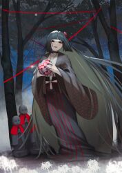  1girl ball black_eyes black_hair black_kimono blunt_bangs breasts choker eyeliner fate/grand_order fate_(series) flower forest hair_flower hair_ornament japanese_clothes kimono komahime_(fate) long_hair long_sleeves looking_at_viewer makeup nakaga_eri nature obi open_mouth sash small_breasts smile solo very_long_hair wide_sleeves 