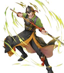  1boy armor black_armor black_boots black_pants boots fire_emblem fire_emblem_fates full_body green_shirt haitaka_(fire_emblem) highres holding holding_polearm holding_weapon japanese_armor japanese_clothes looking_at_viewer male_focus naginata official_art pants polearm shirt solo third-party_source weapon 