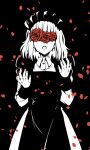  1girl apron black_background blending commentary_request cowboy_shot flower limited_palette maid_apron maid_headdress medium_hair open_mouth original petals red_flower red_rose rose rose_petals solo taka_t 