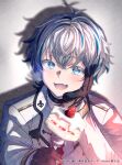  1boy :d black_gloves blue_eyes blue_hair cake cake_slice copyright_request drop_shadow fang food fork fruit gloves grey_background grey_hair hair_between_eyes holding holding_fork ittokyu jacket long_sleeves looking_at_viewer male_focus multicolored_hair official_art smile solo strawberry streaked_hair upper_body virtual_youtuber white_jacket 