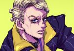  1boy arrow_print blonde_hair close-up formal highres jojo_no_kimyou_na_bouken male_focus multiple_hair_buns official_style prosciutto ruushii_(lucy_steel6969) solo suit vento_aureo violet_eyes yellow_background 
