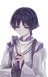  1boy black_hair blunt_ends bow closed_mouth clothing_cutout eyelashes eyeliner eyeshadow food fruit genshin_impact hands_up highres holding holding_food holding_fruit japanese_clothes kariginu kimono lavender_melon_(genshin_impact) layered_sleeves light_blush long_sleeves looking_down makeup male_focus multicolored_hair parted_bangs purple_bow purple_hair purple_kimono purple_sleeves red_eyeliner red_eyeshadow renyupa sad scaramouche_(genshin_impact) scaramouche_(kabukimono)_(genshin_impact) shoulder_cutout solo streaked_hair string tasuki tsurime upper_body violet_eyes white_background white_sleeves wispy_bangs 