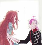  1boy 1girl ahoge bakara_(19083210) black_jacket checkered_clothes checkered_jacket closed_mouth highres holding_hands imai_misa jacket long_hair long_sleeves looking_at_viewer low_ponytail medium_hair multicolored_hair naruse_haru pink_hair redhead short_sleeves smile toraware_no_yakata wavy_hair white_background white_hair yellow_eyes 