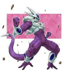  1boy clenched_hands colored_skin cooler_(dragon_ball) covered_mouth debris dragon_ball dragon_ball_z full_body highres naouuma_art purple_skin purple_tail red_eyes simple_background solo white_background 