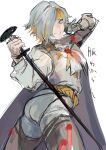  1girl :d ass cape commentary grey_cape grey_eyes grey_hair grey_pants grin highres holding holding_sword holding_weapon imorui3 kromer_(limbus_company) limbus_company long_sleeves looking_at_viewer pants project_moon shirt short_hair simple_background sketch smile solo sword teeth weapon white_background white_shirt 
