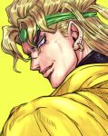 1boy blonde_hair dio_brando ear_birthmark earrings evil_smile headband heart-shaped_ornament highres jacket jewelry jojo_no_kimyou_na_bouken male_focus official_style profile red_eyes ruushii_(lucy_steel6969) smile solo stardust_crusaders turtleneck yellow_background yellow_jacket 