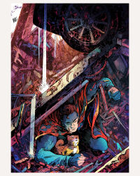  1boy animal baby_animal blue_bodysuit blue_eyes bodysuit cape car car_crash city clark_kent closed_mouth damaged dc_comics debris destruction dog dog_tail highres holding holding_animal holding_dog motor_vehicle muscular muscular_male puppy red_cape rescue superhero_costume superman superman_(series) superman_logo tail vinartwork water western_comics_(style) wheel wreckage 