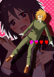  2boys absurdres boxcutter coat commentary_request gakuran glasses hand_on_own_chest heart heart_in_eye highres holding holding_boxcutter jacket kohakohakohata looking_at_another male_focus multiple_boys open_clothes open_jacket orange_hair pink_background polka_dot polka_dot_background randal&#039;s_friends randal_ivory school_uniform short_hair symbol_in_eye tsukada_satoru 