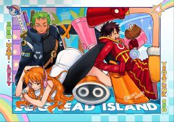  1girl 2boys bangle bare_shoulders black_bodysuit black_hair blue_jacket bodysuit boned_meat boots bracelet breasts candy character_name closed_eyes coat devil_fruit_power elasticity extendable_limbs feet_up food from_side full_body green_hair hashtag-only_commentary headphones highres holding holding_candy holding_food jacket jewelry katana ki2ri5 large_breasts leotard log_pose long_hair lying lying_on_lap meat monkey_d._luffy multiple_boys multiple_swords nami_(one_piece) official_alternate_costume on_stomach one_eye_closed one_piece open_clothes open_jacket orange_boots orange_hair parted_lips pink_boots profile red_boots red_coat roronoa_zoro scar scar_across_eye scar_on_face short_hair sitting sparkle star_(symbol) straw_hat_pirates sweatdrop sword sword_on_back tongue tongue_out wavy_hair weapon weapon_on_back white_leotard 