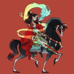 1girl black_hair blood blood_on_weapon bow chinese_clothes dragon eastern_dragon fa_mulan_(disney) highres holding holding_sword holding_weapon horse horseback_riding kiddo_hah long_hair mulan red_background red_bow riding shoulder_tattoo simple_background sword tattoo weapon 