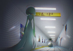  2girls arms_at_sides arms_up back blood blood_halo bob_cut censored censored_identity chromatic_aberration colored_skin commentary_request dripping english_text from_behind gardevoir glitch green_hair green_skin hallway halo highres indoors liquid_halo mega_gardevoir mega_pokemon multicolored_skin multiple_girls outstretched_arms pokemon pokemon_(creature) poster_(object) red_halo scribble_censor short_hair standing subway_station the_exit_8 tile_floor tiles translation_request two-tone_skin uoxvt white_skin 