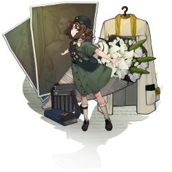  1girl badge beret book bouquet bow bowtie brown_hair brown_shoes button_badge closed_mouth coat dress eagle_(reverse:1999) flower full_body girl_scout green_dress green_eyes green_hat green_sash hat highres lily_(flower) looking_at_viewer medium_dress merit_badge_sash muu_(d-muu) photo_(object) pocket_watch pouch reverse:1999 sash scout_uniform shoes short_hair short_sleeves shoulder_sash socks solo thigh_pouch traditional_bowtie unworn_coat watch white_background white_coat white_flower white_socks yellow_bow yellow_bowtie 