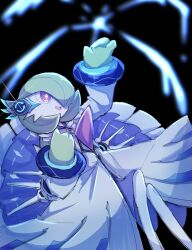  ayaka_488 black_background bob_cut clothed_pokemon colored_skin dress gardevoir gardevoir_(songstress) green_hair green_skin hair_over_one_eye highres multicolored_skin open_mouth pink_eyes pokemon pokemon_(creature) pokemon_unite smile two-tone_skin white_dress white_skin 