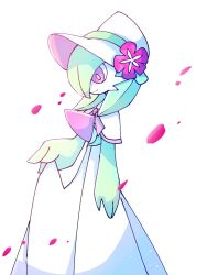  ayaka_488 bonnet colored_skin dress falling_petals flower gardevoir gardevoir_(fashionable) green_skin hat hat_flower multicolored_skin petals pink_eyes pink_flower pink_petals pokemon pokemon_(creature) pokemon_unite smile two-tone_skin white_dress white_hat white_skin 
