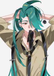 1girl ahoge androgynous black_gloves black_necktie chinese_text collared_shirt earrings glove_in_mouth gloves green_hair highres jewelry long_hair mouth_hold nanaasuzy necktie pokemon pokemon_sv red_eyes rika_(pokemon) shirt simplified_chinese_text solo suspenders sweat upper_body white_background