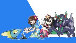  2girls ;) asymmetrical_bangs black_hair blacknirrow blue_sarong brown_hair closed_eyes closed_mouth commentary dot_nose eyelashes fangs flower gloria_(pokemon) gloria_(summer_2021)_(pokemon) grimmsnarl hair_flower hair_ornament highres inteleon marnie_(pokemon) marnie_(summer_2021)_(pokemon) multiple_girls navel official_alternate_costume one_eye_closed open_mouth outline partially_submerged pink_flower pink_sarong pointy_ears pointy_nose pokemon pokemon_(creature) pokemon_masters_ex sarong short_hair simple_background smile splashing stomach teeth twintails two-tone_background undercut water white_outline 