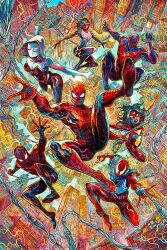  3girls 4boys abstract_background animal_print architecture arm_blade ben_reilly black_bodysuit black_hair blue_bodysuit blue_hoodie blue_jacket blue_mask bodysuit building cindy_moon city cityscape commentary english_commentary gloves glowing_bodysuit gwen_stacy highres hood hooded_bodysuit hoodie jacket jessica_drew long_hair marvel mask miguel_o&#039;hara miles_morales mouth_mask multicolored_bodysuit multiple_boys multiple_girls muscular muscular_male peter_parker print_bodysuit red_bodysuit red_eyes red_mask scarlet_spider shoes silk silk_(marvel) skin_tight skyscraper smile spandex spider-gwen spider-man spider-man_(2099) spider-man_(miles_morales) spider-man_(series) spider-verse spider-verse_(comics) spider-woman spider_print spider_web spider_web_print superhero_costume torn_clothes torn_hoodie two-tone_bodysuit vinartwork weapon web_shooter western_comics_(style) white_bodysuit white_eyes yellow_bodysuit yellow_gloves 